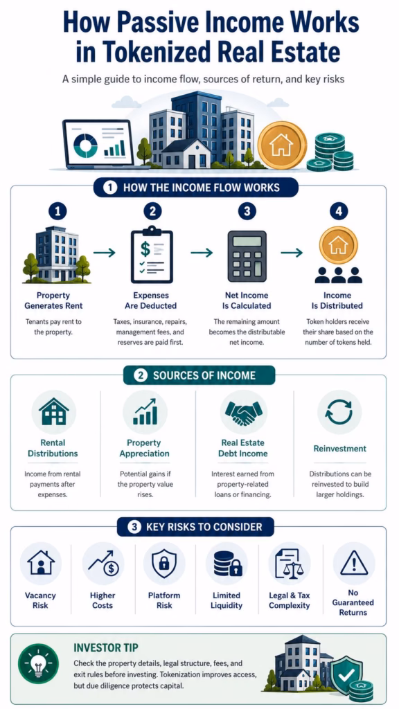 Infographic explaining how passive income works in tokenized real estate, including rent flow, income sources, and key investor risks.