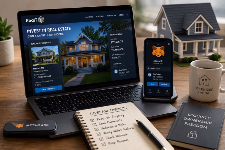 Modern workspace showing a RealT property dashboard, MetaMask wallet screen, investor checklist, and tokenized real estate security notes.