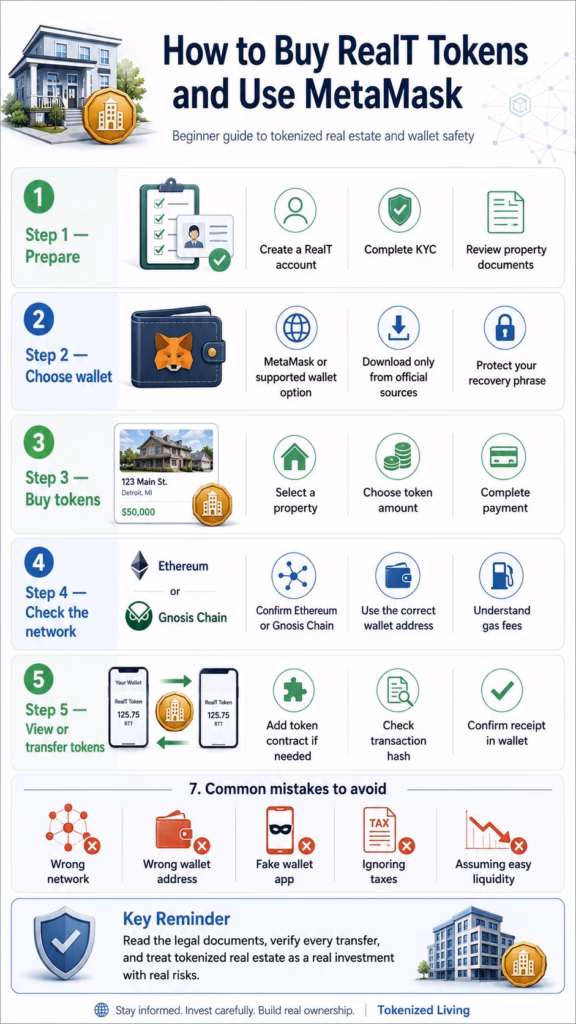 Infographic explaining how to buy RealT tokens and use MetaMask, including account setup, KYC, wallet security, network checks, token transfers, and common mistakes.