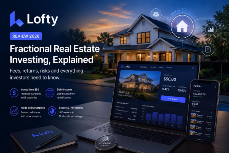 Lofty review 2026 hero image showing a tokenized real estate investment platform, fractional property ownership, daily income, fees and risks.