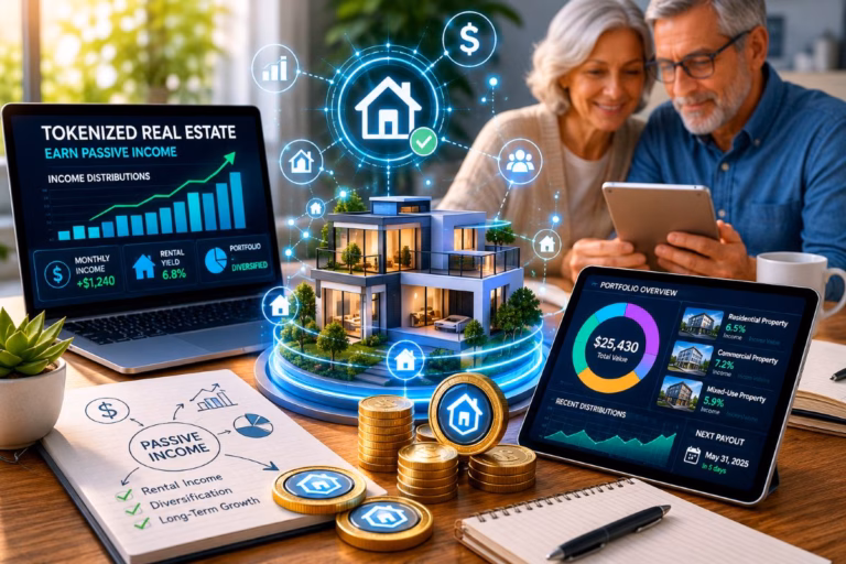 Older investors reviewing a tokenized real estate income dashboard with property tokens, rental income data, and digital ownership icons.