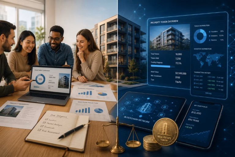 Split-screen comparison of real estate crowdfunding investors reviewing property documents and a tokenized real estate dashboard with digital property tokens.
