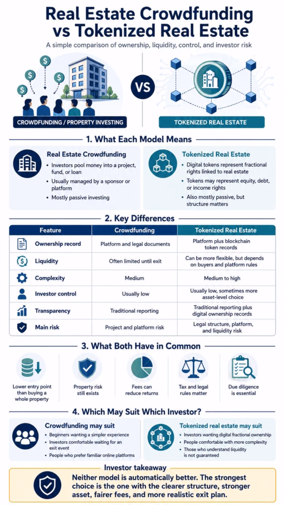 Infographic comparing real estate crowdfunding vs tokenized real estate, including ownership records, liquidity, complexity, investor control, transparency, and key risks.