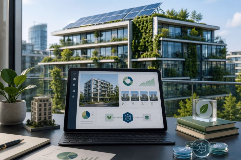 Eco-friendly building with solar panels shown beside a digital tokenized real estate dashboard and sustainability icons.