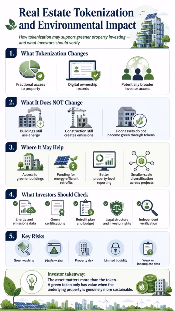 Infographic explaining real estate tokenization and environmental impact, including green buildings, emissions data, investor checks, and greenwashing risks.