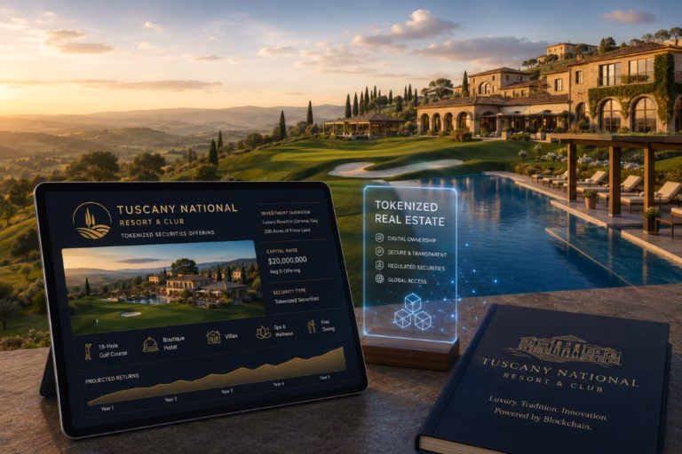 Luxury Tuscan resort with golf course and pool shown beside a digital tokenized real estate securities dashboard.