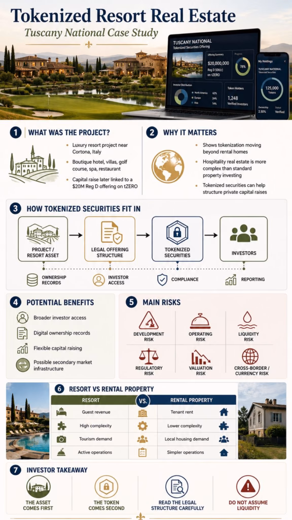 Infographic explaining tokenized resort real estate using the Tuscany National case study, including tokenized securities, benefits, risks, and resort versus rental property comparison.