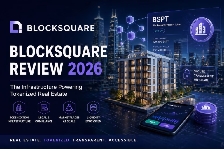 Blocksquare tokenized real estate infrastructure platform connecting blockchain property investment marketplaces.
