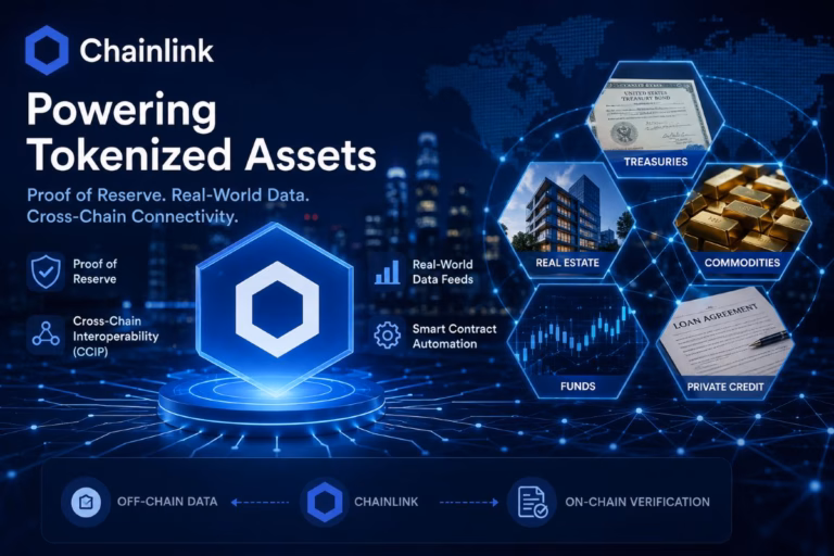 Chainlink tokenized assets hero image showing Proof of Reserve, real-world data feeds, CCIP cross-chain connectivity, and tokenized asset classes.