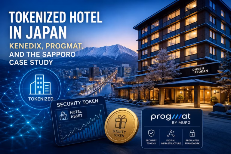 Tokenized hotel in Japan showing a Sapporo-style hotel, security token dashboard, utility token, and Progmat digital securities infrastructure.