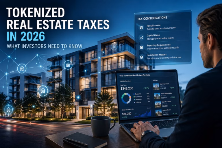 Tokenized real estate investment dashboard showing fractional ownership and income