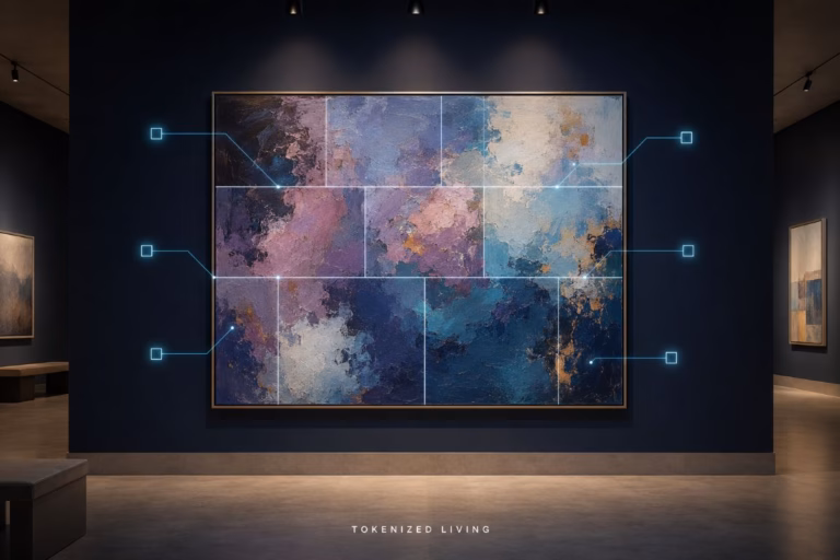 okenized artwork divided into fractional ownership shares in a modern gallery.