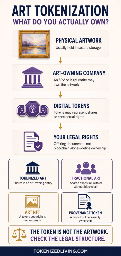 Art tokenization infographic showing how physical artwork, an art-owning company, digital tokens and investor legal rights are connected.