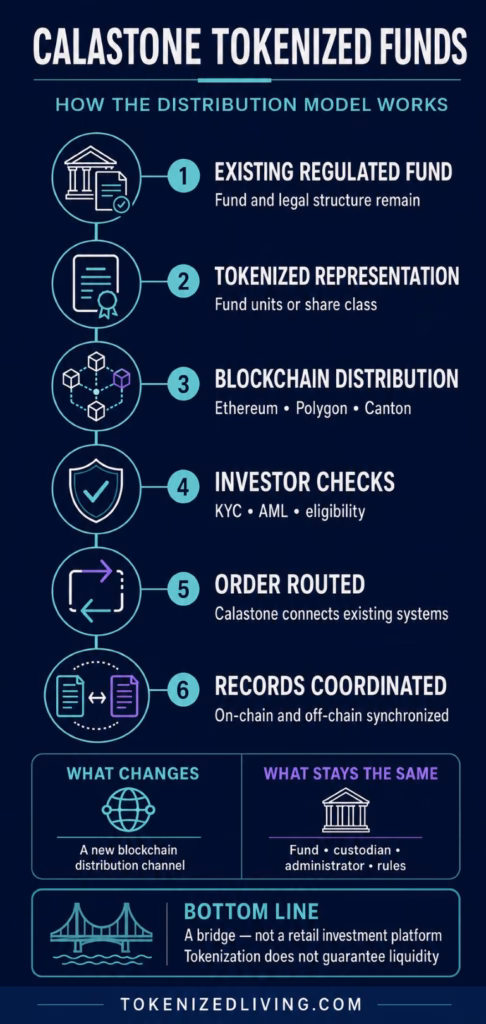 Infographic showing the six steps in Calastone’s tokenized fund distribution model.