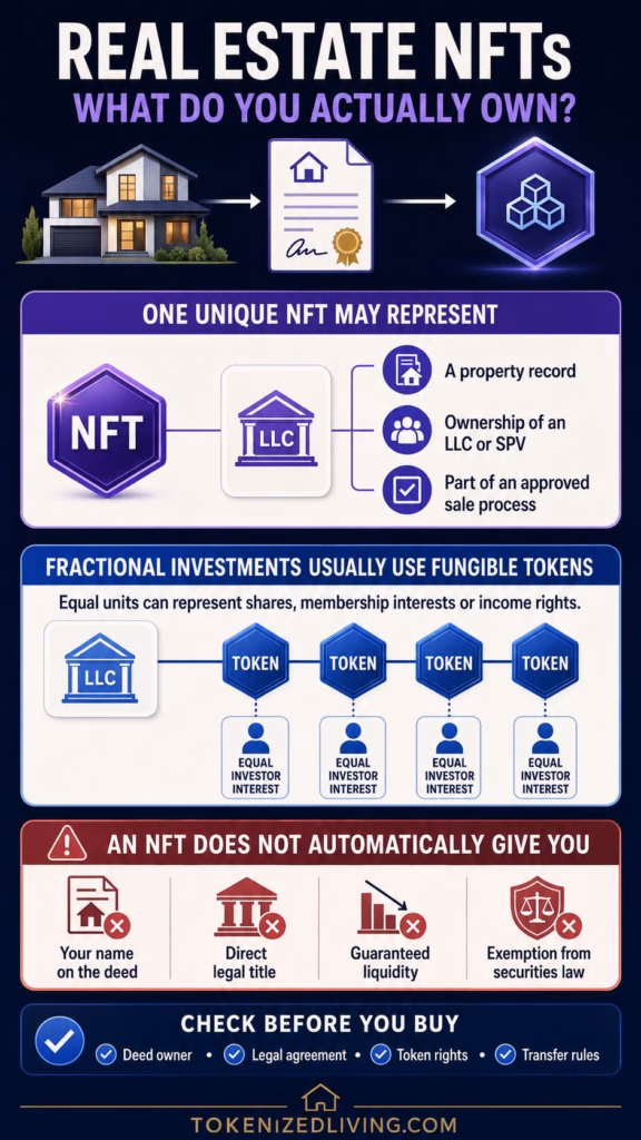 Infographic comparing unique real estate NFTs with fungible tokens used for fractional property investments.