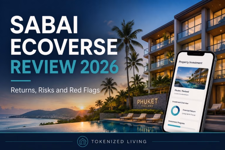 Sabai Ecoverse Review 2026 hero image showing a Phuket resort, Sabai Property app and tokenized real estate investment