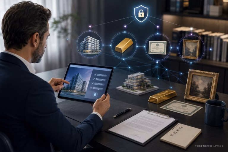 Investor reviewing legal documents, custody and risks before investing in tokenized real estate, bonds, gold and art.