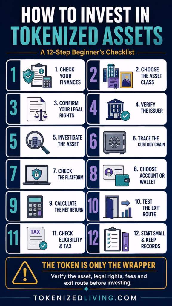 12-step infographic showing how beginners can evaluate legal rights, issuers, custody, fees and liquidity before investing in tokenized assets.