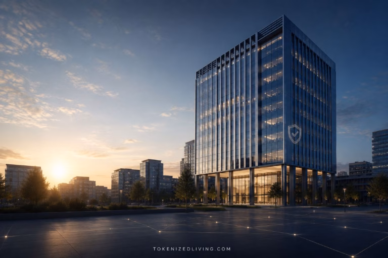 Modern commercial building with a secure digital network representing institutional tokenized real estate adoption.