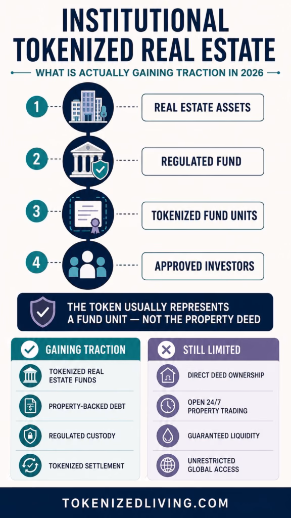Infographic comparing institutional tokenized real estate fund units with property deeds and showing which applications are gaining traction in 2026.