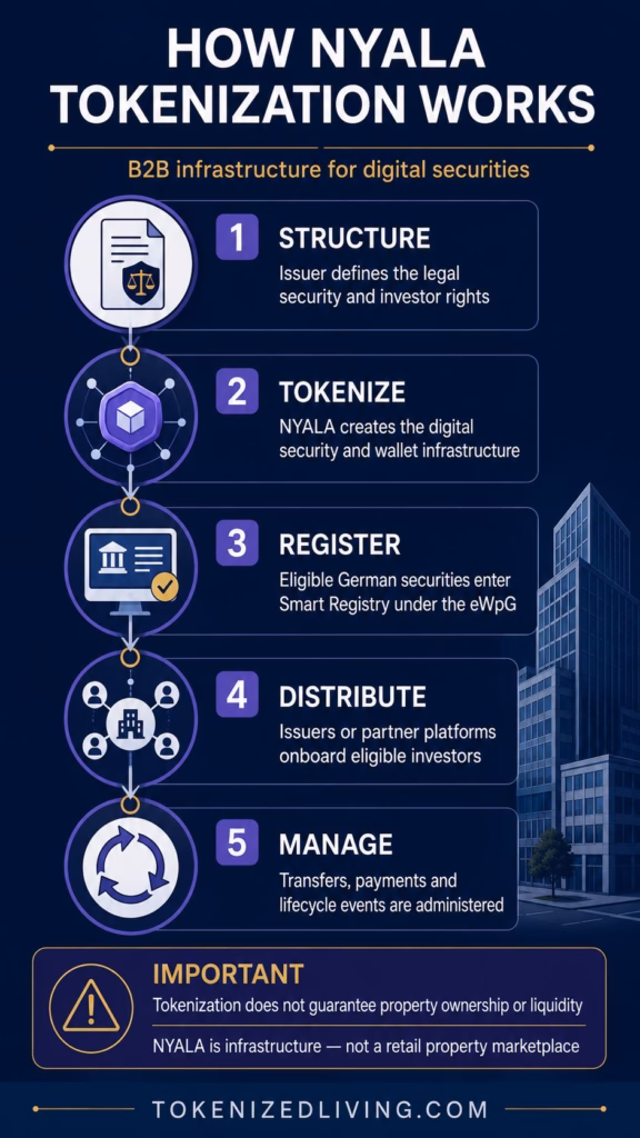 Infographic showing how NYALA helps businesses issue, register and manage tokenized digital securities