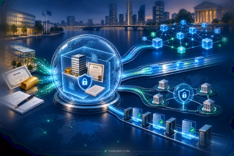 Tokenized real-world assets connected to multiple blockchain networks for secure issuance and settlement.