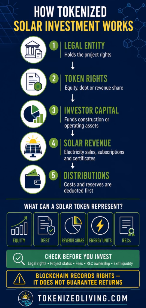 Infographic explaining how tokenized solar investment connects investors, solar projects, energy revenue and digital distributions.