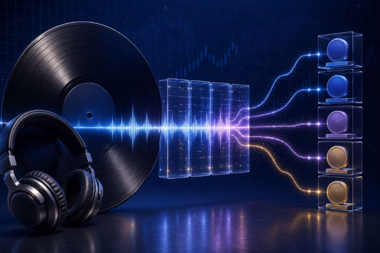 Music royalty rights represented as blockchain tokens connecting artists with investors.