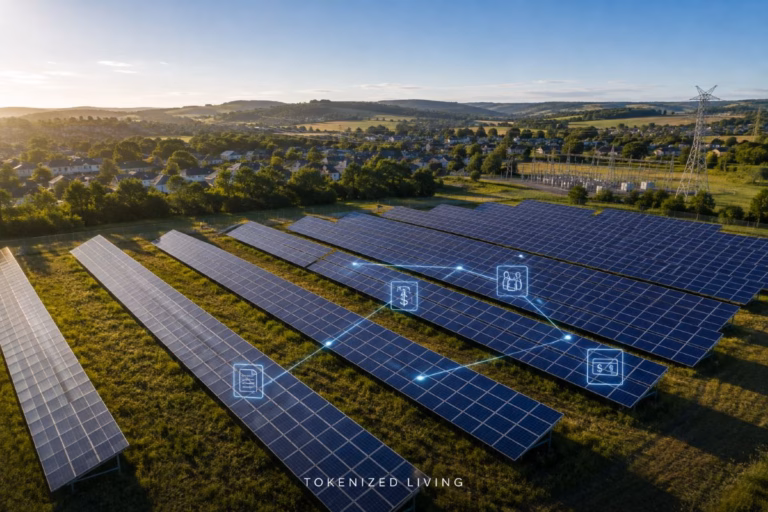 Solar farm with digital connections illustrating renewable energy tokenization and fractional solar investment.