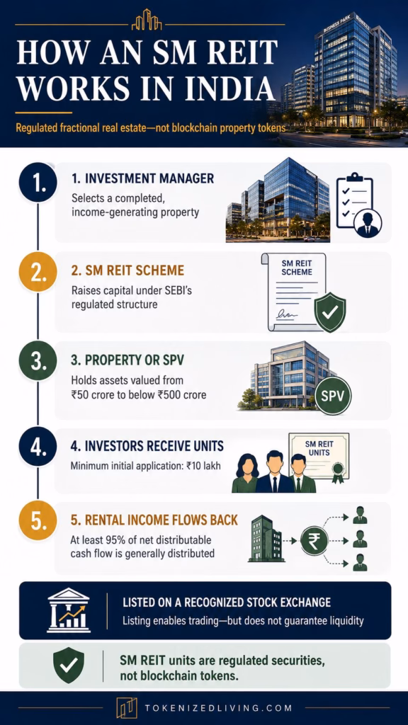 Infographic explaining how India’s SEBI-regulated SM REIT structure works, including investment limits, distributions and liquidity.