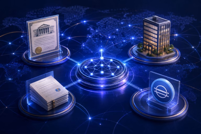 Stellar network connecting tokenized funds, bonds and real estate through blockchain-based financial infrastructure.