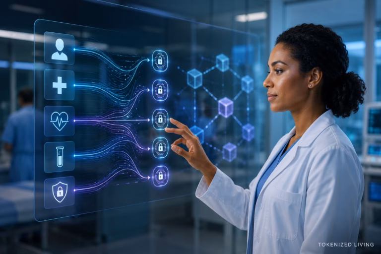 Healthcare professional viewing tokenized patient data protected by secure digital systems.