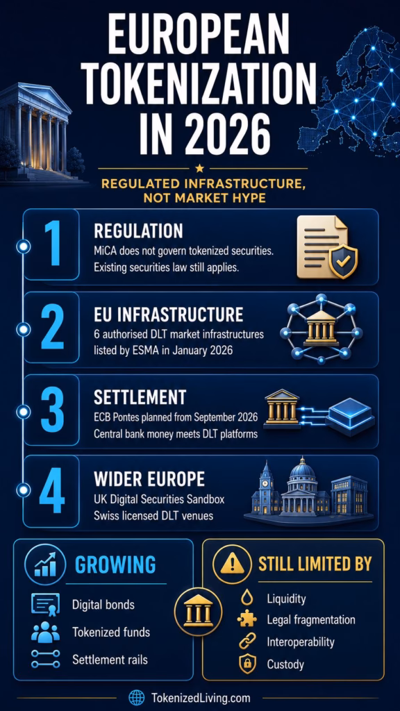 European tokenization market infographic covering MiCA, EU DLT infrastructure, ECB Pontes and wider European markets.