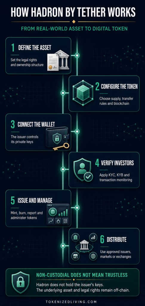 Infographic showing six stages of Hadron by Tether tokenization, from defining an asset and configuring a token to verification and distribution.