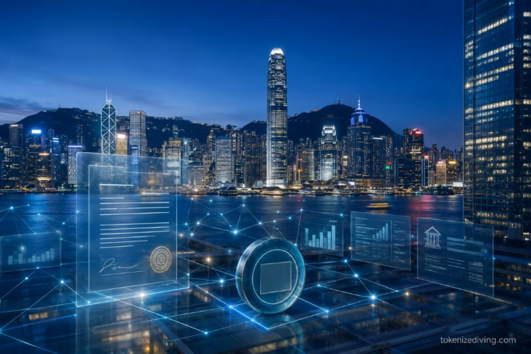 Hong Kong skyline with digital bonds and blockchain infrastructure representing tokenized securities in 2026.