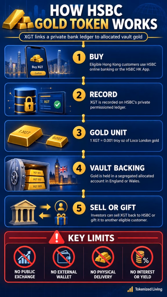 Infographic explaining how HSBC Gold Token uses a private ledger to connect XGT with allocated gold held in a secure vault.