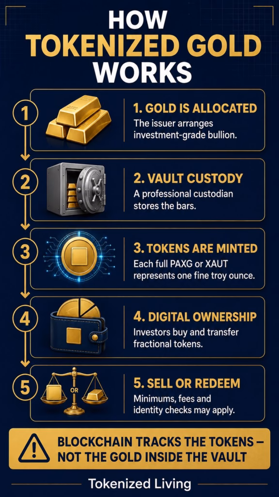 Infographic showing gold allocation, vault custody, token minting, fractional digital ownership, and token sale or redemption.