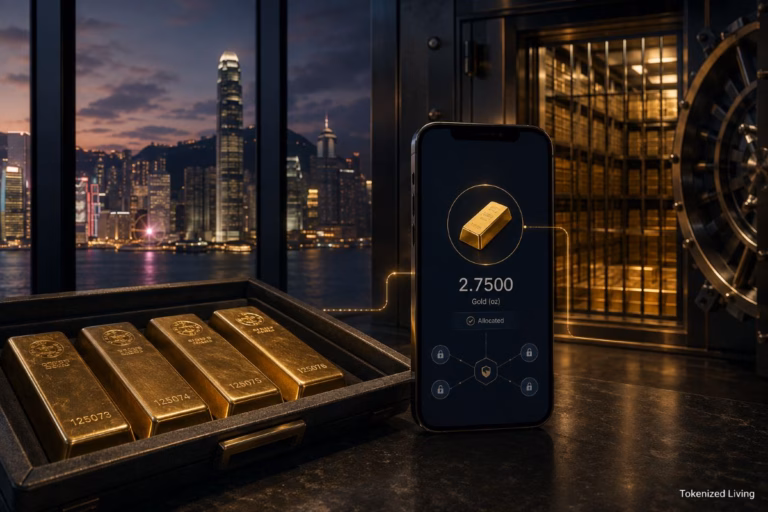 HSBC Gold Token account connected to allocated gold bars in a secure vault overlooking Hong Kong.