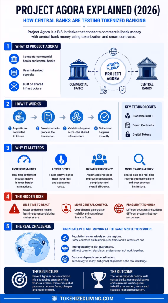 Infographic explaining Project Agora tokenization system including how it works benefits and risks