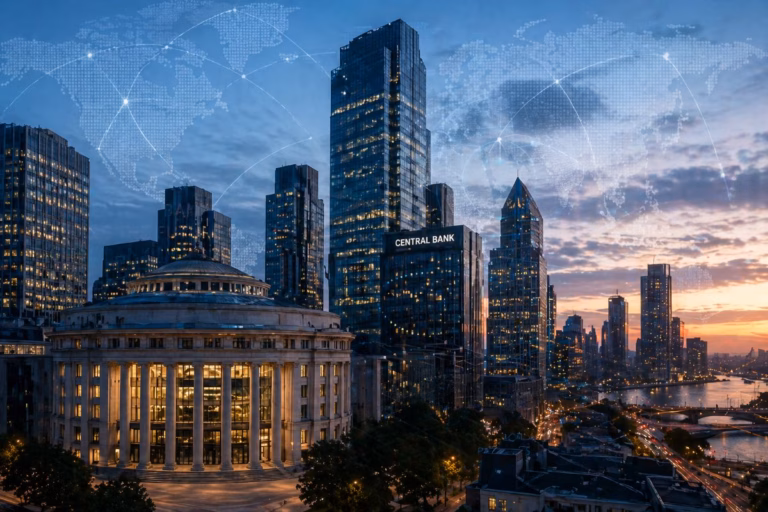 Central bank and financial district skyline illustrating Project Agora tokenization and the shift to digital banking infrastructure