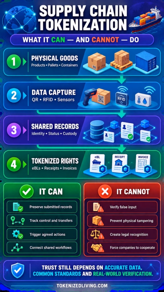 Infographic showing what supply chain tokenization can record and what it cannot verify or guarantee.