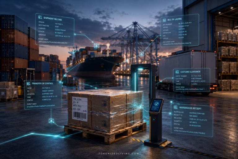 Supply chain tokenization connecting cargo, warehouse inventory and shipping records through a digital network.