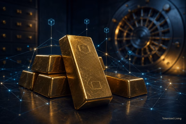 Gold bars inside a secure vault connected by a blockchain network, representing tokenized gold such as PAXG and XAUT.