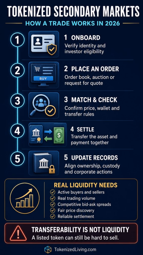 Five-step tokenized secondary-market trading process covering onboarding, order matching, settlement and ownership records.