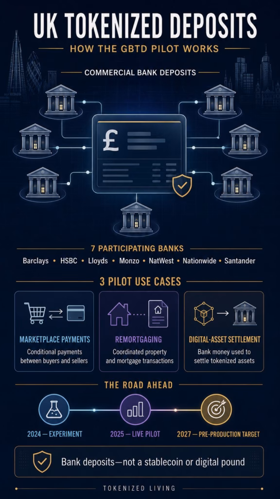 Infographic explaining the UK tokenized deposits pilot, its seven participating banks, three use cases and development timeline.