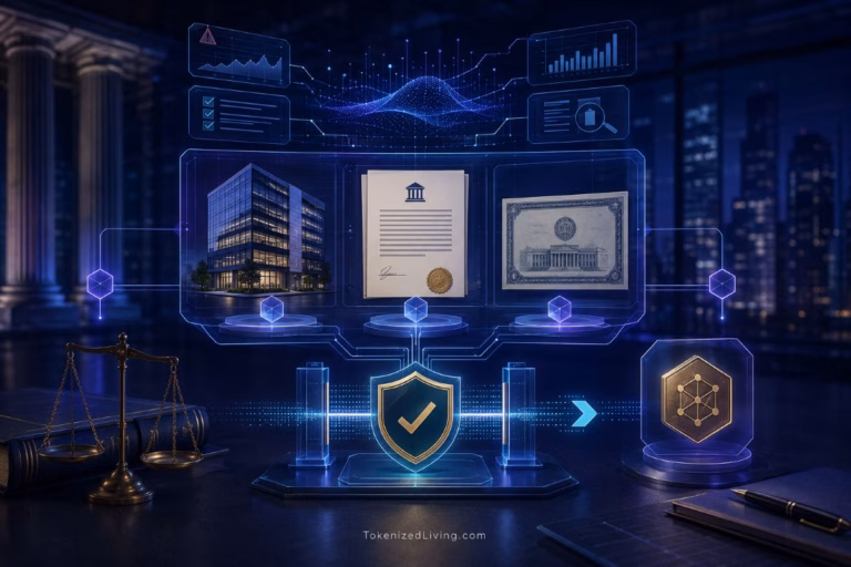 AI analyzing tokenized real estate, investment funds and bonds through a regulated digital finance platform