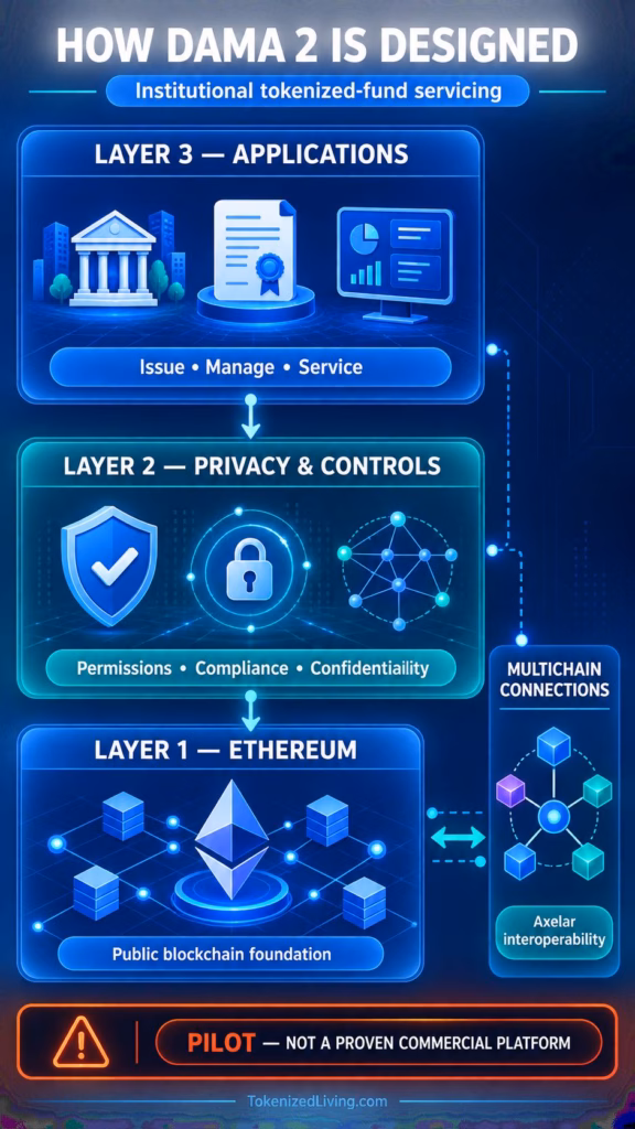 Infographic showing DAMA 2’s application layer, privacy-enabled Layer 2, Ethereum foundation and Axelar multichain connections.