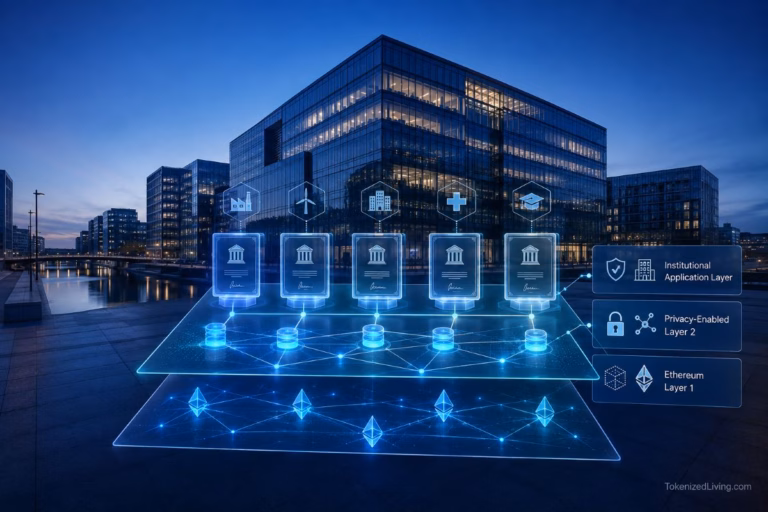 Deutsche Bank tokenization infrastructure connecting digital fund certificates through a secure institutional blockchain network.