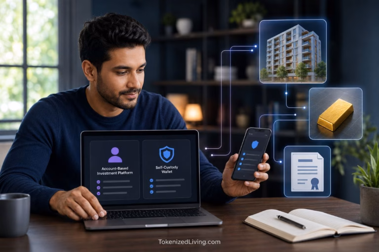 Investor comparing an account-based tokenized asset platform with a self-custody wallet for buying tokenized real estate, gold and bonds.