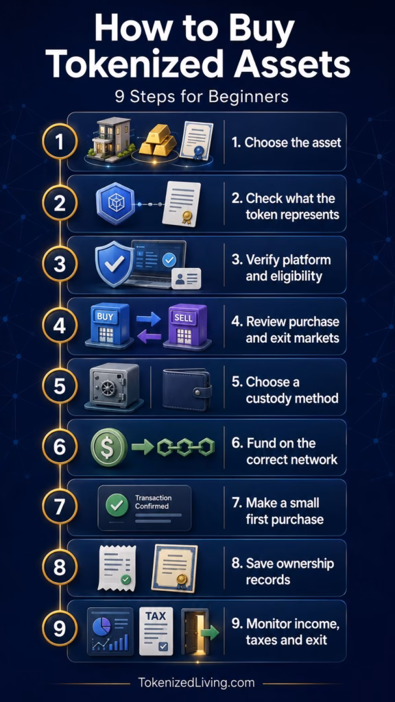 Nine-step guide to buying tokenized assets, covering asset selection, legal rights, platform checks, custody, funding, records, taxes and exit options.